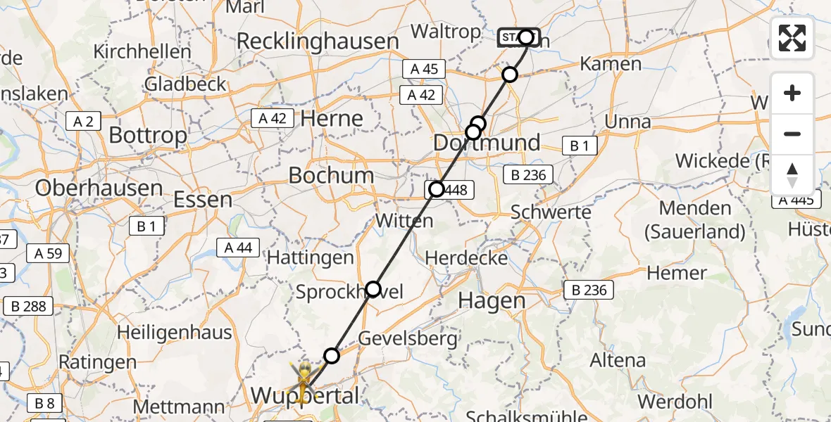 Flugroute Rettungshubschrauber Sankt Marien Hospital - Wuppertal, 08 Mai 2026, 19:24
