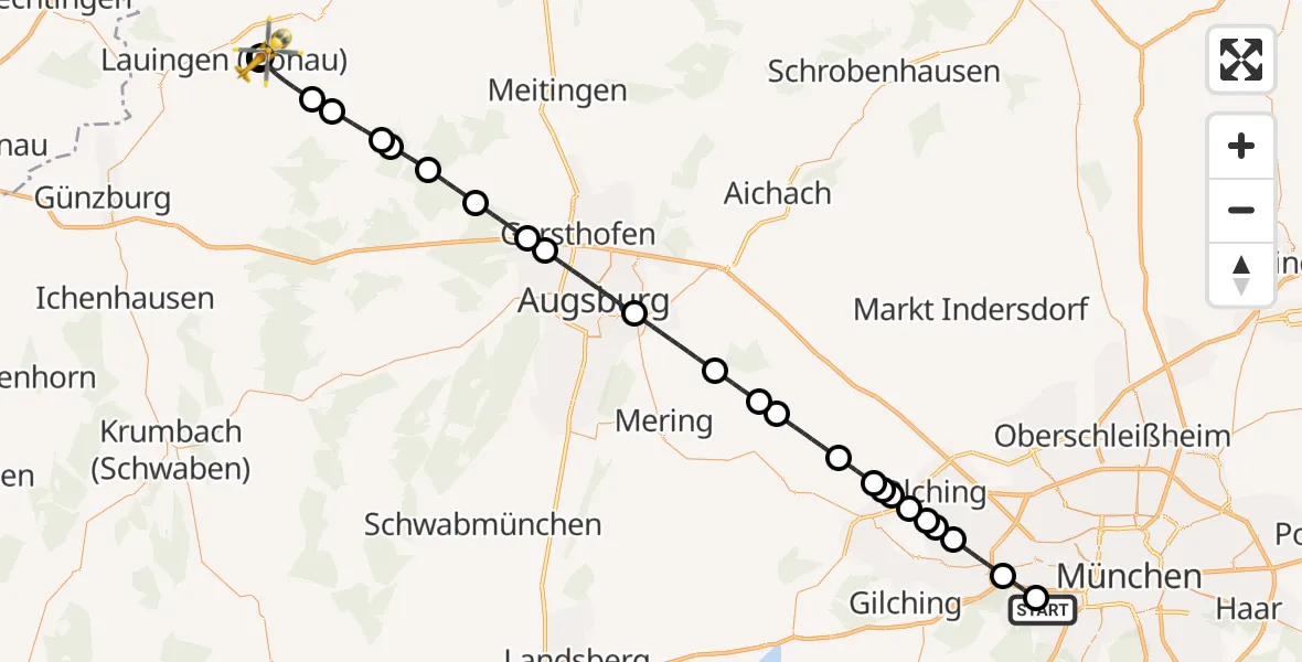 Flugroute Rettungshubschrauber DRF Air Rescue München Hubschrauberlandeplatz - Dillingen District Hospital, 08 Mai 2026, 20:41