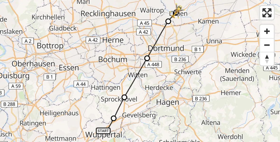 Flugroute Rettungshubschrauber Wuppertal - Sankt Marien Hospital, 08 Mai 2026, 20:49