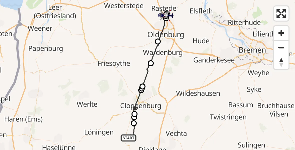 Flugroute Polizeihubschrauber Essen (Oldenburg) - Oldenburg Police Hubschrauberlandeplatz, 08 Mai 2026, 21:20