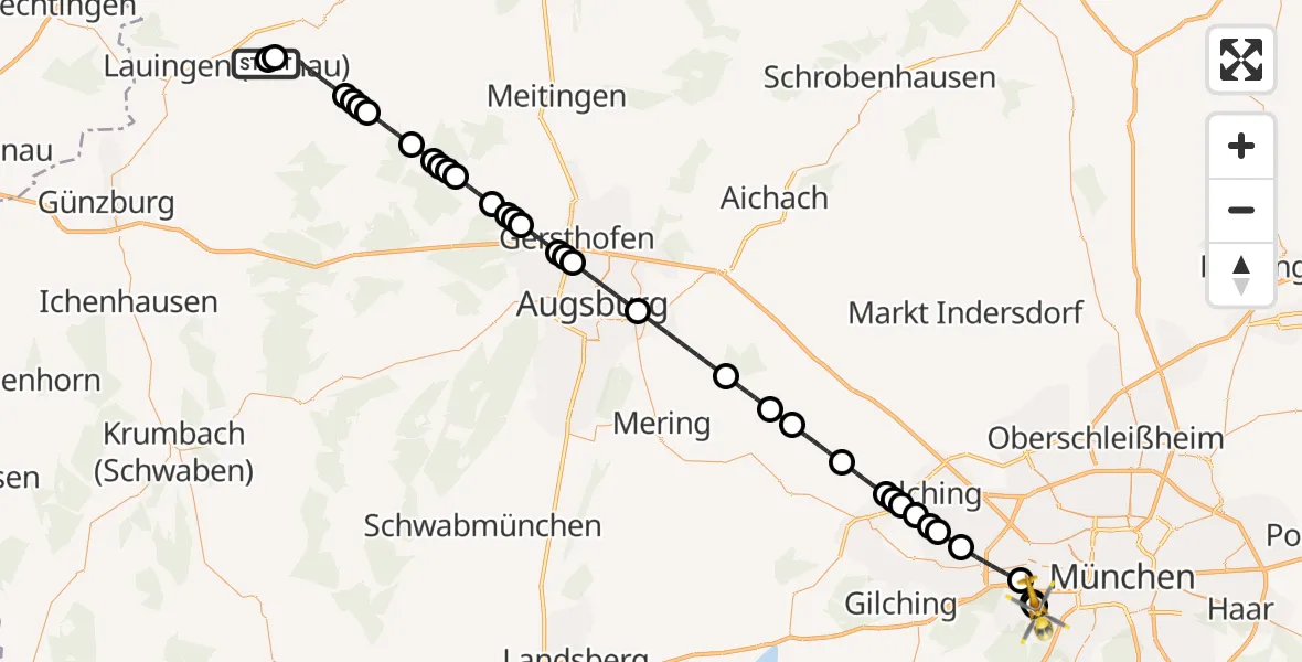 Flugroute Rettungshubschrauber Dillingen District Hospital - DRF Air Rescue München Hubschrauberlandeplatz, 08 Mai 2026, 21:58