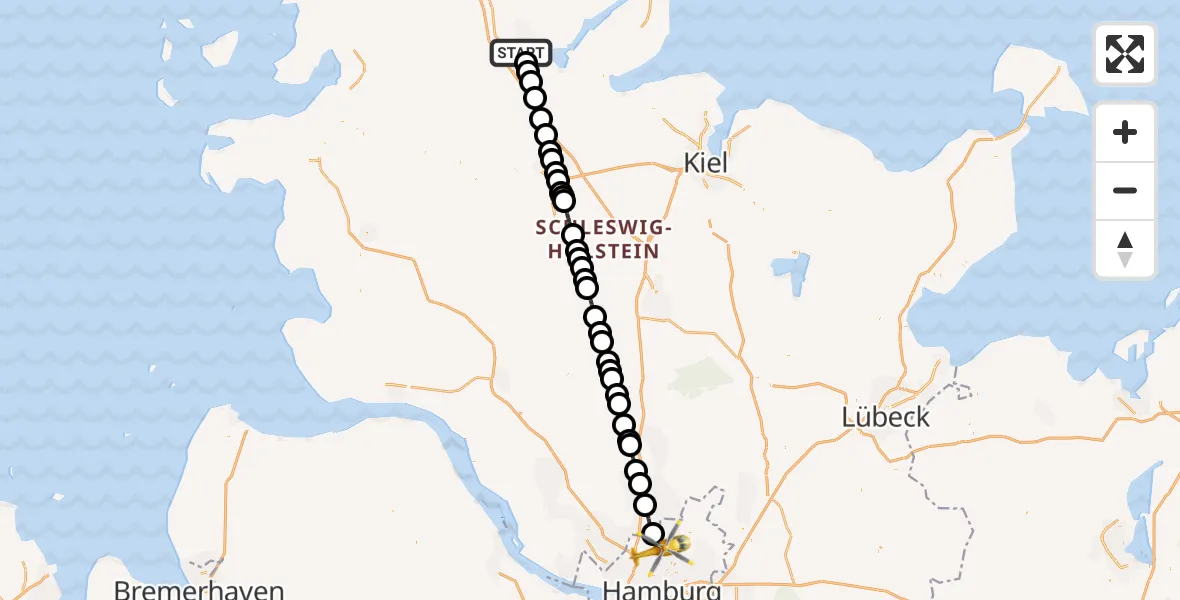 Flugroute Rettungshubschrauber Schleswig - Hamburg Helmut Schmidt Flughafen, 08 Mai 2026, 22:00