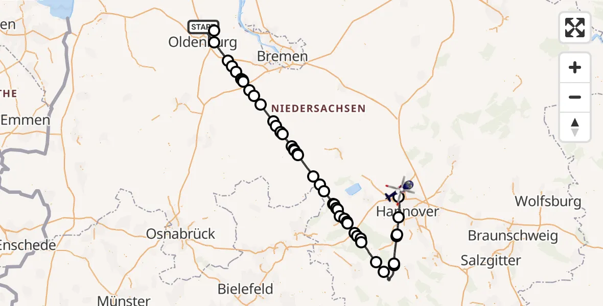 Flugroute Polizeihubschrauber Rastede - Flughafen Hannover, 08 Mai 2026, 22:24