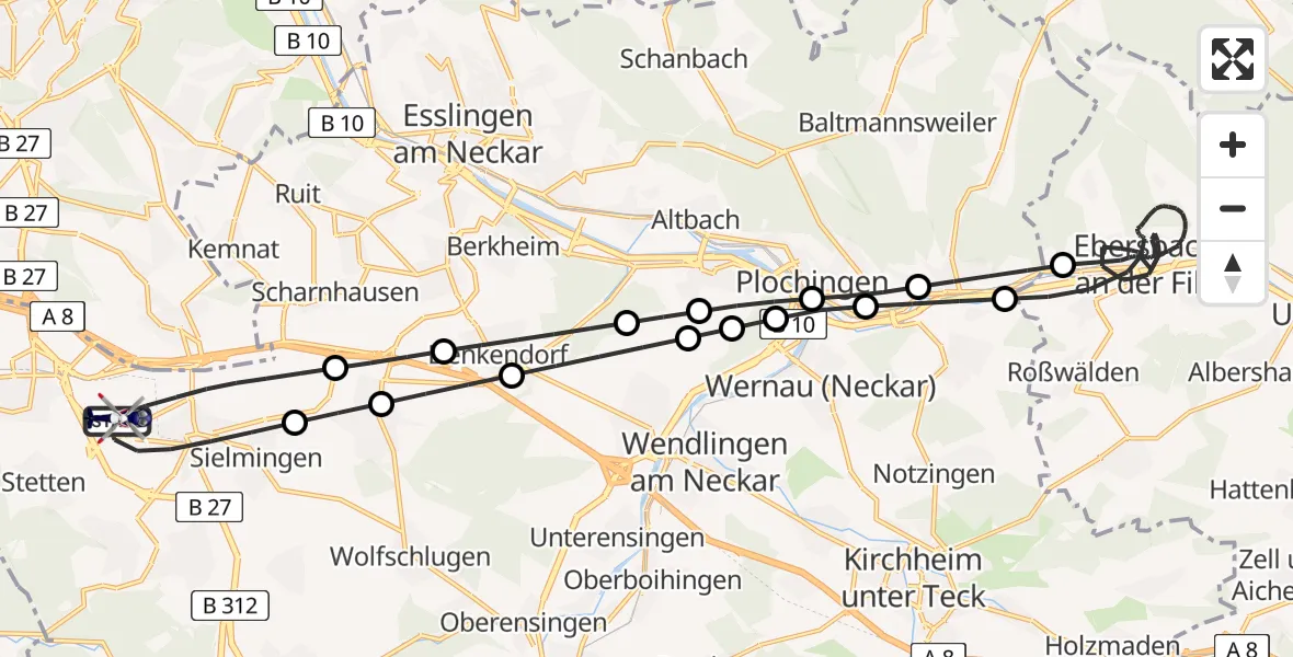 Flugroute Polizeihubschrauber Flughafen Stuttgart - Flughafen Stuttgart, 08 Mai 2026, 22:47