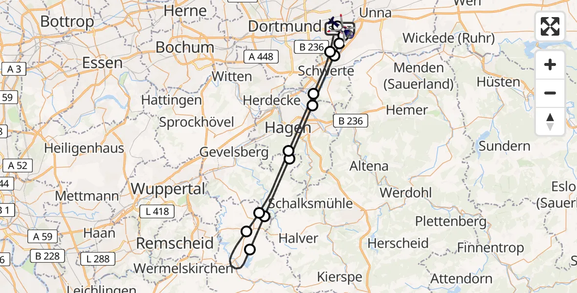 Flugroute Polizeihubschrauber Dortmund Flughafen - Dortmund Flughafen, 08 Mai 2026, 23:41