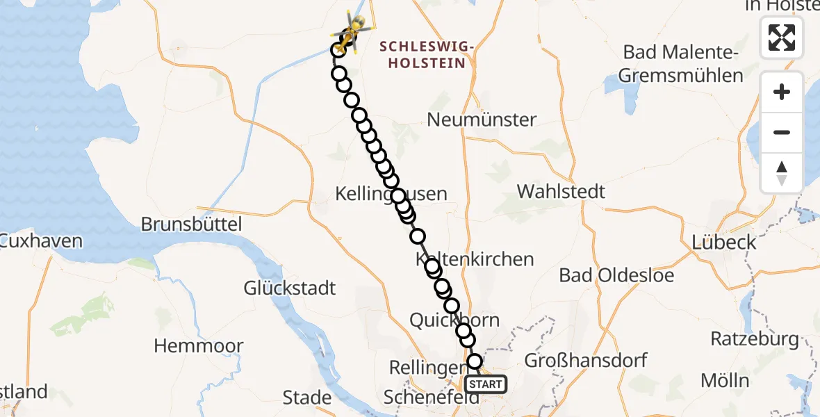 Flugroute Rettungshubschrauber Hamburg Helmut Schmidt Flughafen - Rendsburg-Schachtholm Flugplatz, 09 Mai 2026, 00:22