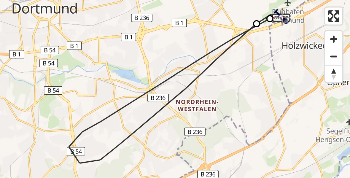 Flugroute Polizeihubschrauber Dortmund Flughafen - Dortmund Flughafen, 09 Mai 2026, 00:34