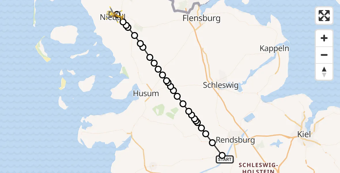 Flugroute Rettungshubschrauber Hörsten - Niebüll, 09 Mai 2026, 01:05