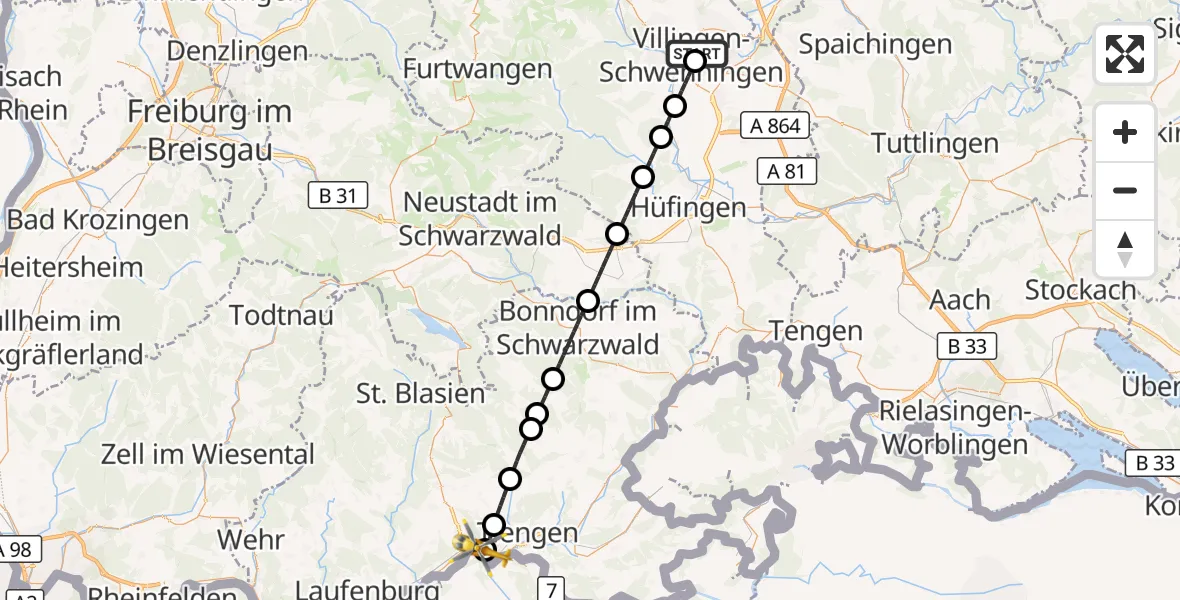 Flugroute Ambulanzhubschrauber DRF Air Rescue Station Villingen-Schwenningen Hubschrauberlandeplatz (Christoph 11) - Full-Reuenthal, 09 Mai 2026, 05:13