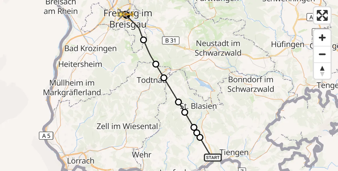 Flugroute Ambulanzhubschrauber Waldshut-Tiengen - Freiburg University Hospital Heliport 1, 09 Mai 2026, 05:55