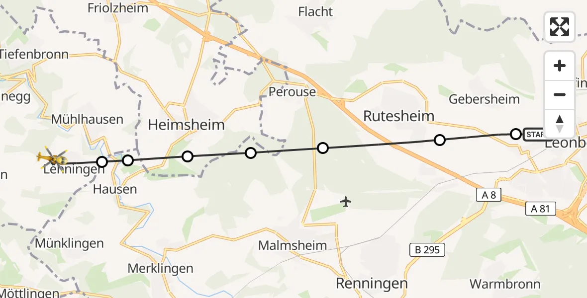 Flugroute Rettungshubschrauber Leonberg Hospital - Tiefenbronn, 09 Mai 2026, 06:08