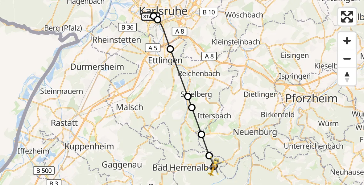 Flugroute Rettungshubschrauber Sankt Vincentius Hospital - Dobel, 09 Mai 2026, 06:09
