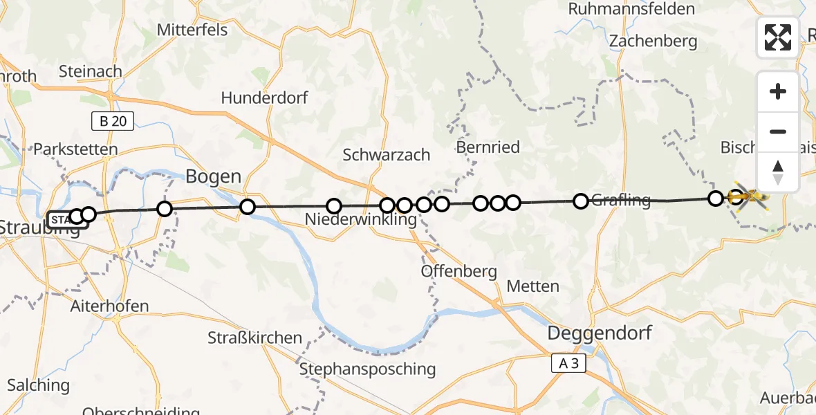 Flugroute Rettungshubschrauber Sankt Elisabeth Hospital Straubing - Bischofsmais, 09 Mai 2026, 06:29