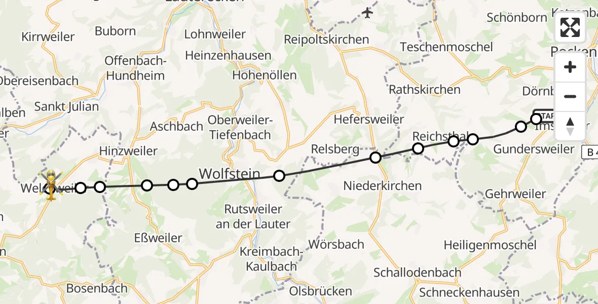 Flugroute Rettungshubschrauber Imsweiler UL - Welchweiler, 09 Mai 2026, 06:30