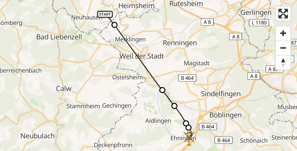 Flugroute Rettungshubschrauber Tiefenbronn - Ehningen, 09 Mai 2026, 06:43
