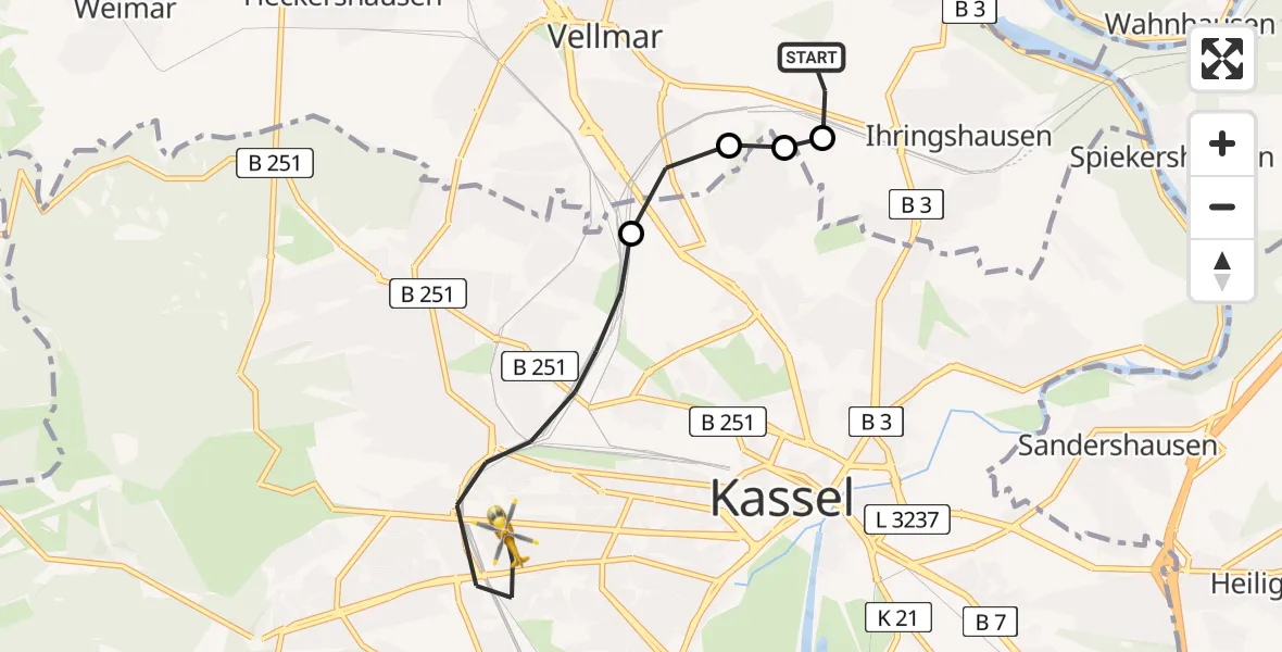 Flugroute Rettungshubschrauber Fuldatal Bundespolizei Hubschrauberlandeplatz - Kassel, 09 Mai 2026, 07:00