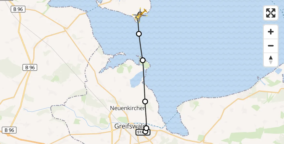 Flugroute Rettungshubschrauber Greifswald Hospital - Garz/Rügen, 09 Mai 2026, 07:01