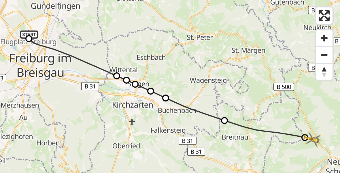 Flugroute Rettungshubschrauber Freiburg im Breisgau Flugplatz - Titisee-Neustadt, 09 Mai 2026, 07:01