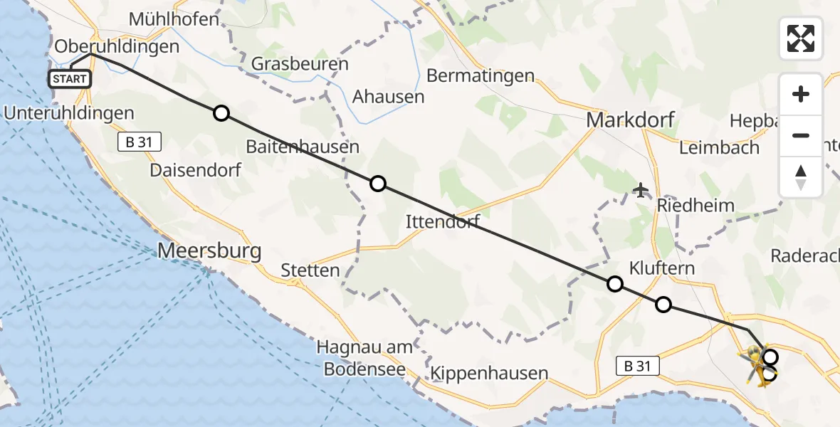 Flugroute Rettungshubschrauber Uhldingen-Mühlhofen - Friedrichshafen Hospital, 09 Mai 2026, 07:11