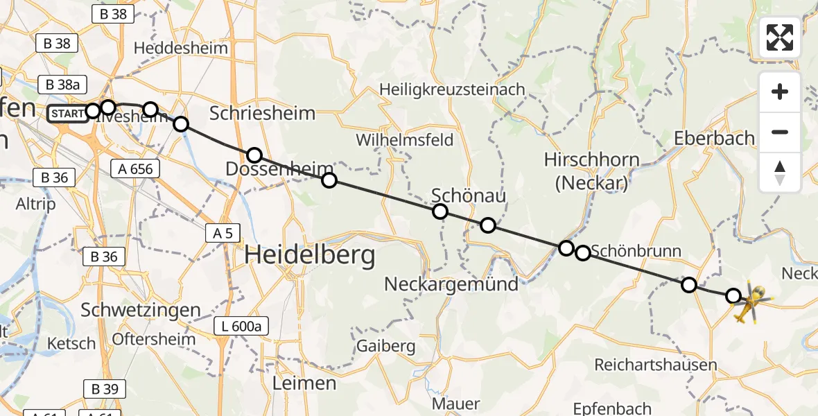 Flugroute Rettungshubschrauber Mannheim-City Flughafen - Neunkirchen, 09 Mai 2026, 07:14
