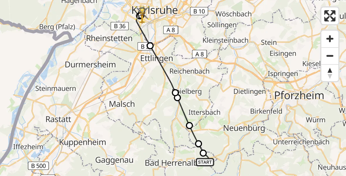 Flugroute Rettungshubschrauber Dobel - Sankt Vincentius Hospital, 09 Mai 2026, 07:18