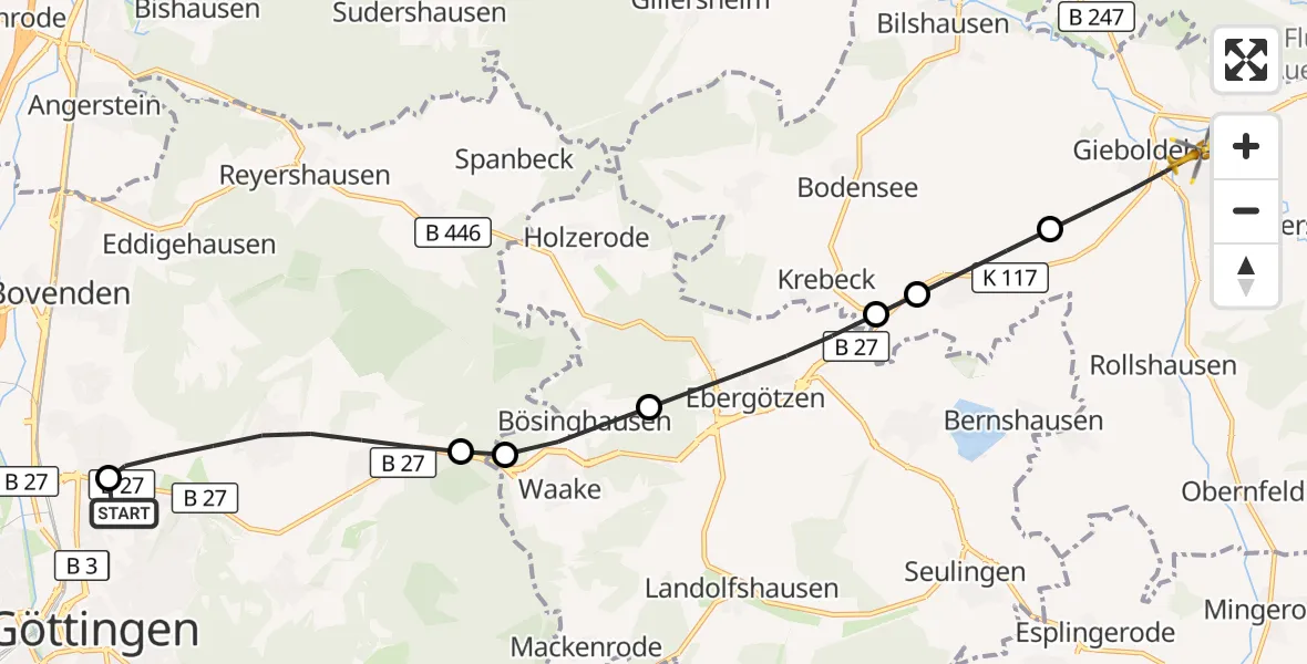 Flugroute Rettungshubschrauber Göttingen University Clinic Hubschrauberlandeplatz - Gieboldehausen, 09 Mai 2026, 07:19
