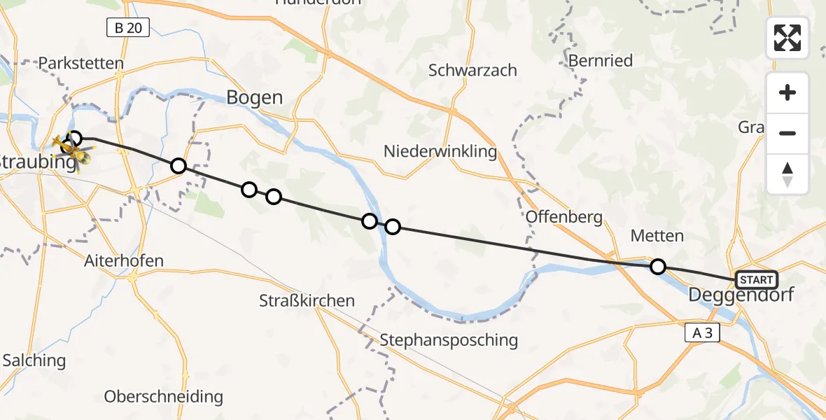 Flugroute Rettungshubschrauber Deggendorf - Sankt Elisabeth Hospital Straubing, 09 Mai 2026, 07:24