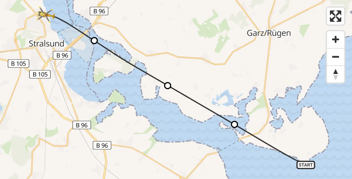 Flugroute Rettungshubschrauber Garz/Rügen - Stralsund, 09 Mai 2026, 07:29