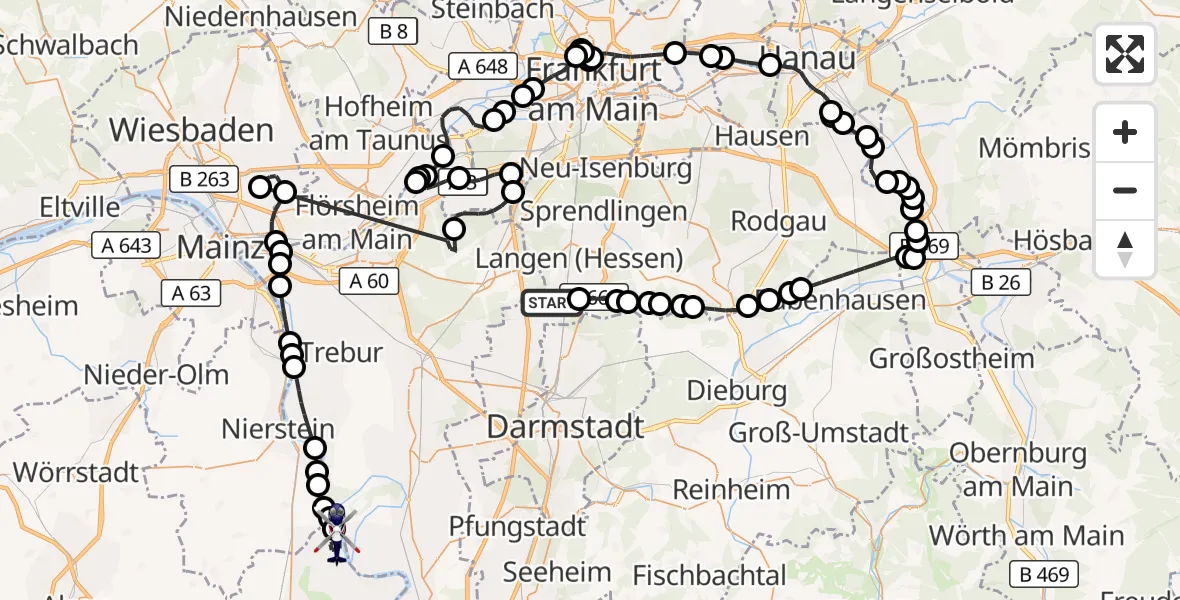 Flugroute Polizeihubschrauber Flughafen Frankfurt-Egelsbach - Gimbsheim, 09 Mai 2026, 07:29