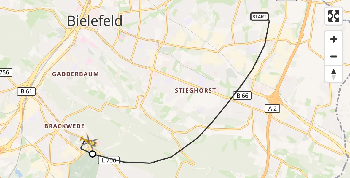 Flugroute Rettungshubschrauber Bielefeld - Luftrettungszentrum Bielefeld, 09 Mai 2026, 07:38