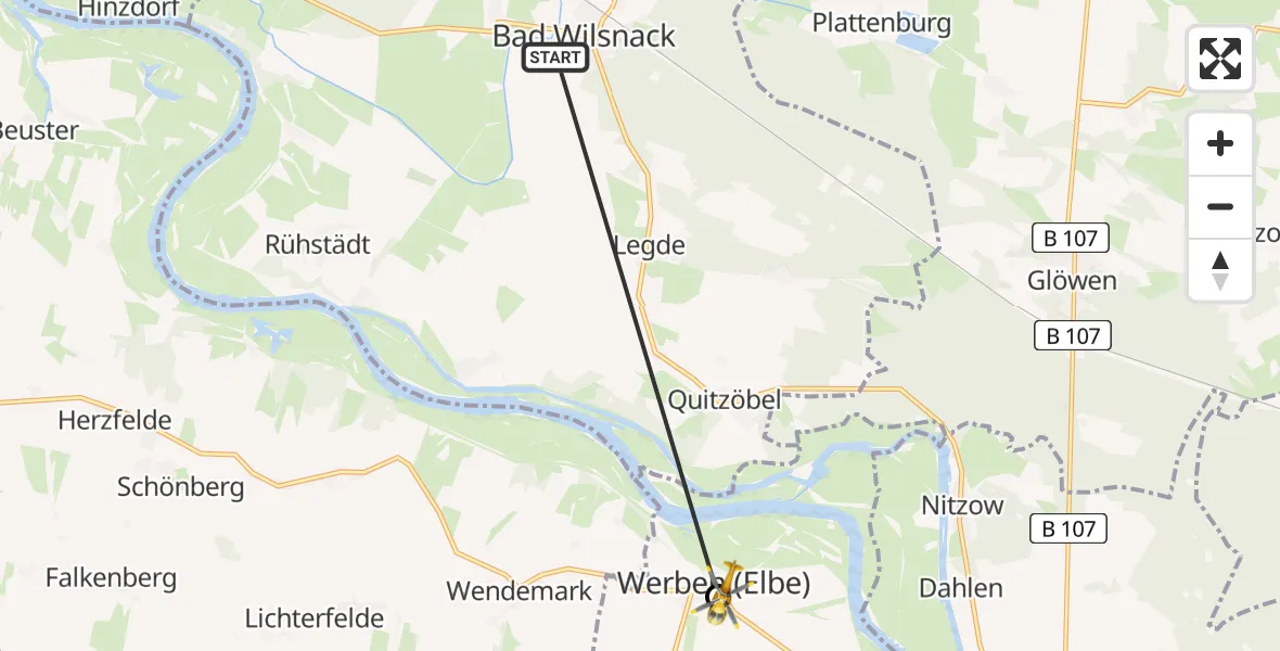 Flugroute Rettungshubschrauber Bad Wilsnack - Werben (Elbe), 09 Mai 2026, 07:41