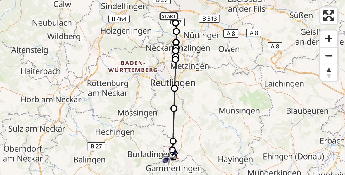 Flugroute Polizeihubschrauber Flughafen Stuttgart - Gammertingen, 09 Mai 2026, 07:43