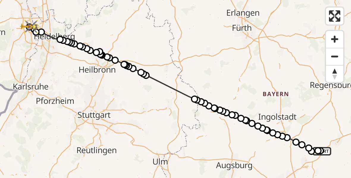 Flugroute Rettungshubschrauber Wang - Ludwigshafen Accident Hospital, 09 Mai 2026, 07:51