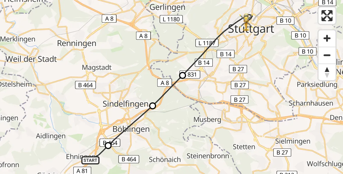 Flugroute Rettungshubschrauber Ehningen - Stuttgart, 09 Mai 2026, 07:52