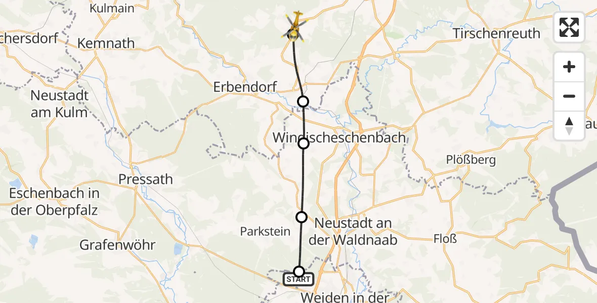Flugroute Rettungshubschrauber Weiden i.d.OPf. - Friedenfels, 09 Mai 2026, 08:01