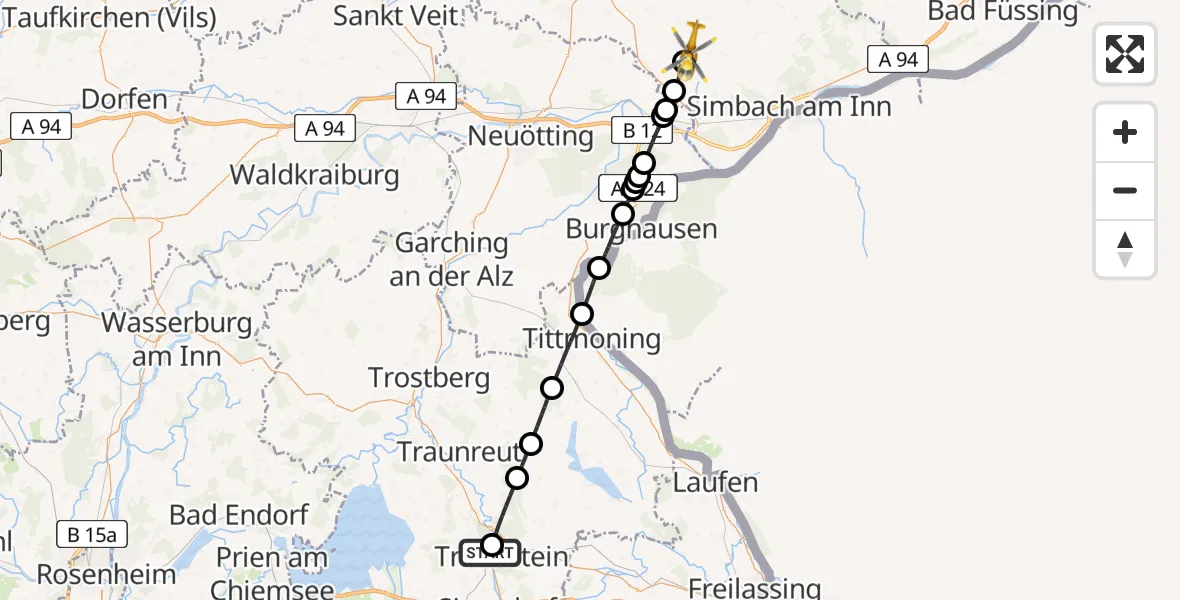 Flugroute Rettungshubschrauber Traunstein Hospital - Tann, 09 Mai 2026, 08:05