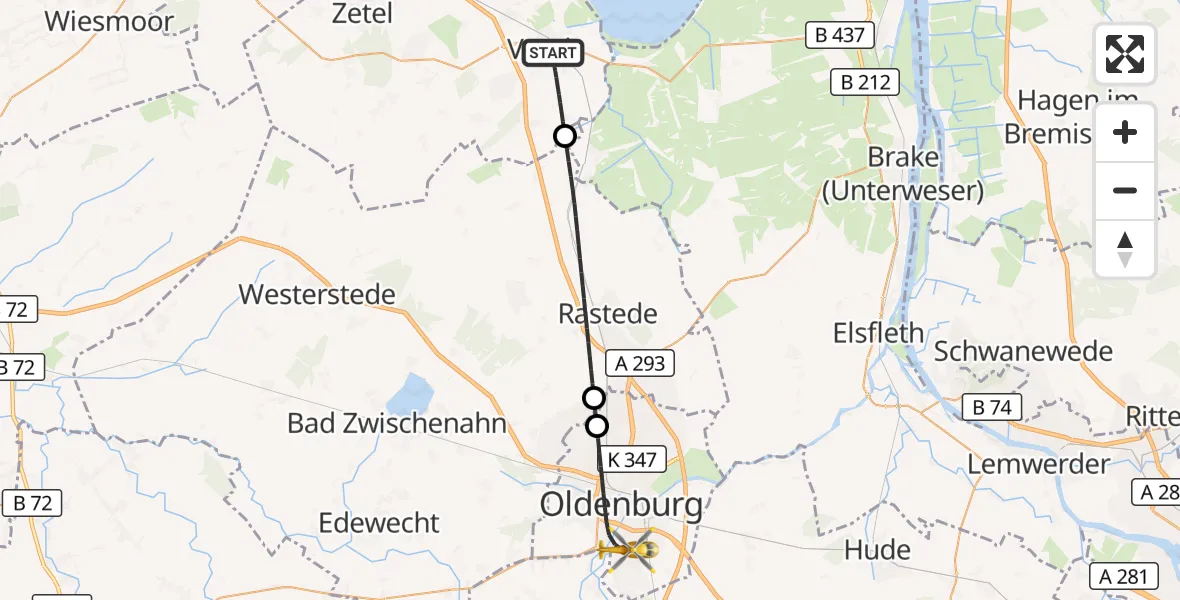 Flugroute Rettungshubschrauber Varel - Oldenburg (Oldb), 09 Mai 2026, 08:08
