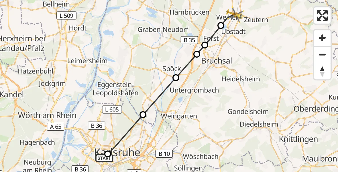 Flugroute Rettungshubschrauber Sankt Vincentius Hospital - Ubstadt-Weiher, 09 Mai 2026, 08:12