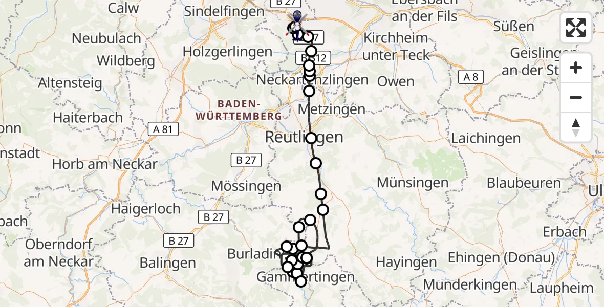 Flugroute Polizeihubschrauber Gammertingen - Flughafen Stuttgart, 09 Mai 2026, 08:17