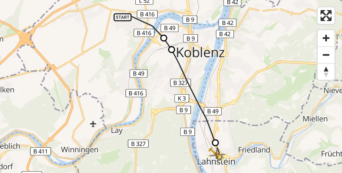 Flugroute Rettungshubschrauber Koblenz - Lahnstein, 09 Mai 2026, 08:19