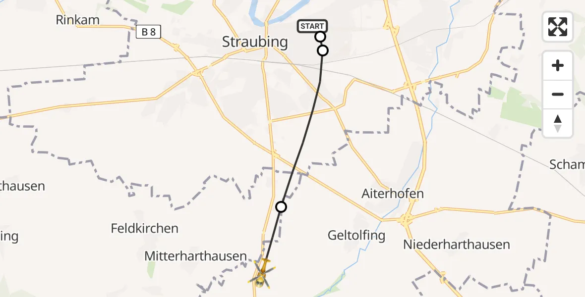 Flugroute Rettungshubschrauber Sankt Elisabeth Hospital Straubing - Salching, 09 Mai 2026, 08:19