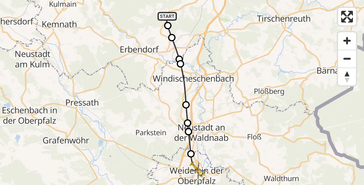 Flugroute Rettungshubschrauber Friedenfels - Weiden Hospital, 09 Mai 2026, 08:33