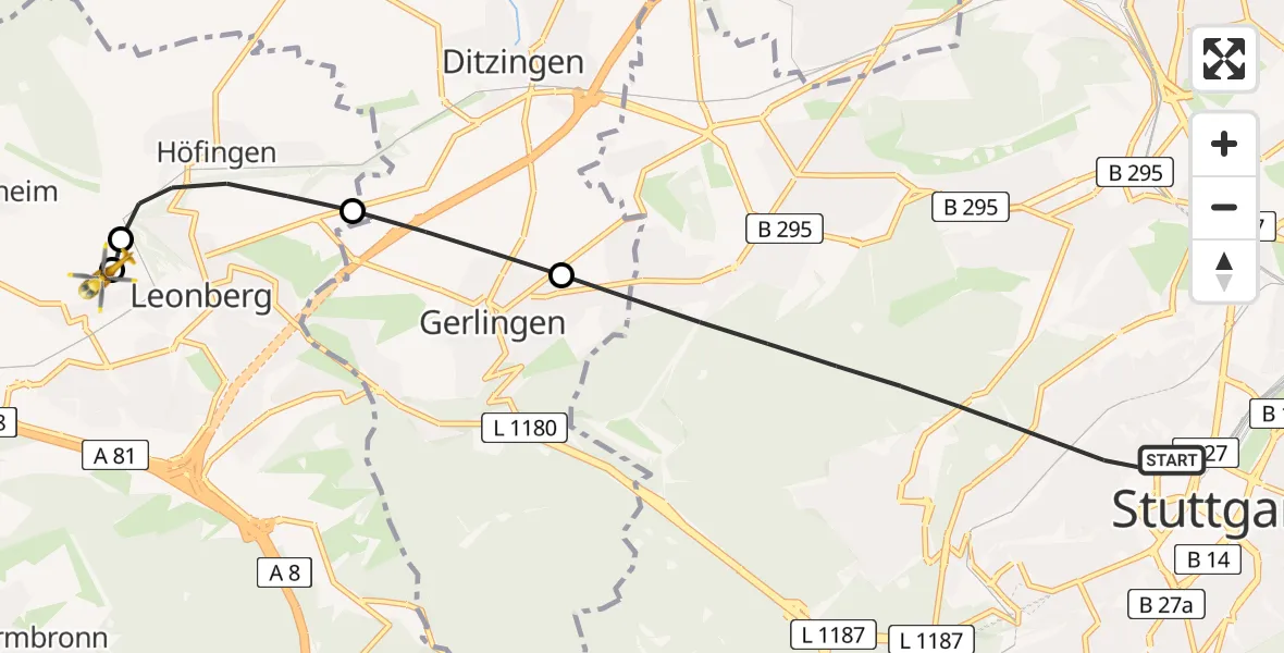 Flugroute Rettungshubschrauber Stuttgart - Leonberg Hospital, 09 Mai 2026, 08:33