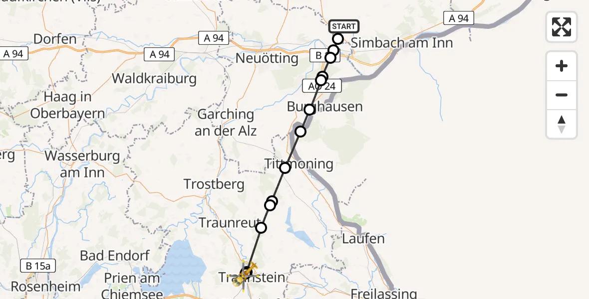 Flugroute Rettungshubschrauber Zeilarn - Traunstein Hospital, 09 Mai 2026, 08:40