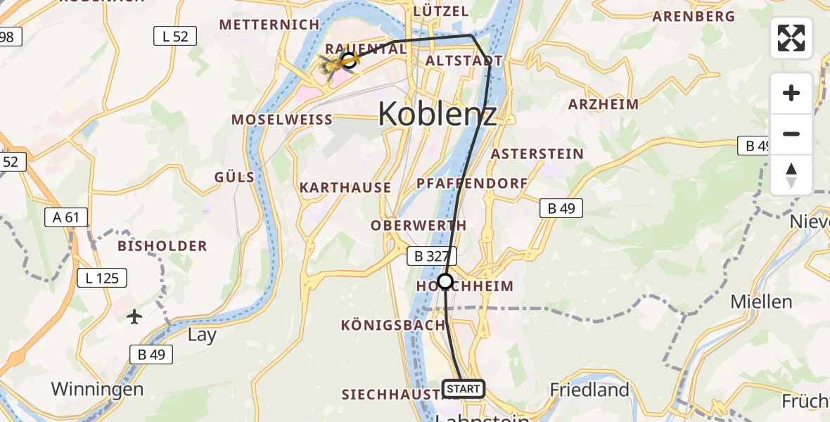 Flugroute Rettungshubschrauber Lahnstein - Katholisches Klinikum Marienhof Koblenz Hubschrauberlandeplatz, 09 Mai 2026, 08:44