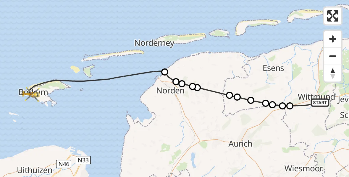 Flugroute Ambulanzhubschrauber Wittmund - Noordzee, 09 Mai 2026, 08:46