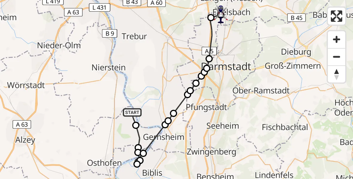 Flugroute Polizeihubschrauber Gimbsheim - Flughafen Frankfurt-Egelsbach, 09 Mai 2026, 08:48