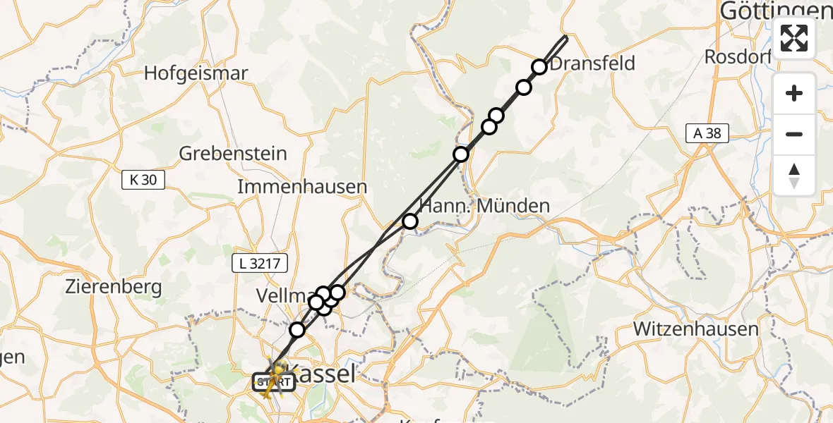 Flugroute Rettungshubschrauber Kassel - Kassel, 09 Mai 2026, 08:48