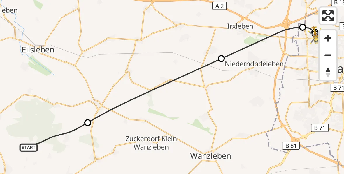 Flugroute Rettungshubschrauber Oschersleben (Bode) - Magdeburg Hospital, 09 Mai 2026, 08:49