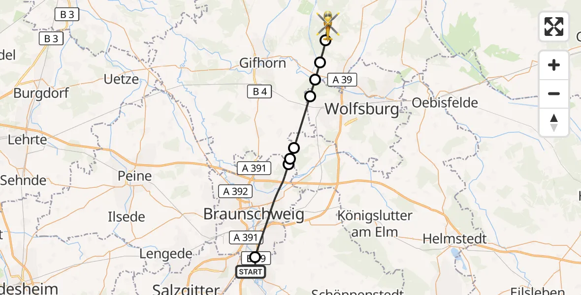 Flugroute Rettungshubschrauber Wolfenbüttel - Sassenburg, 09 Mai 2026, 08:55